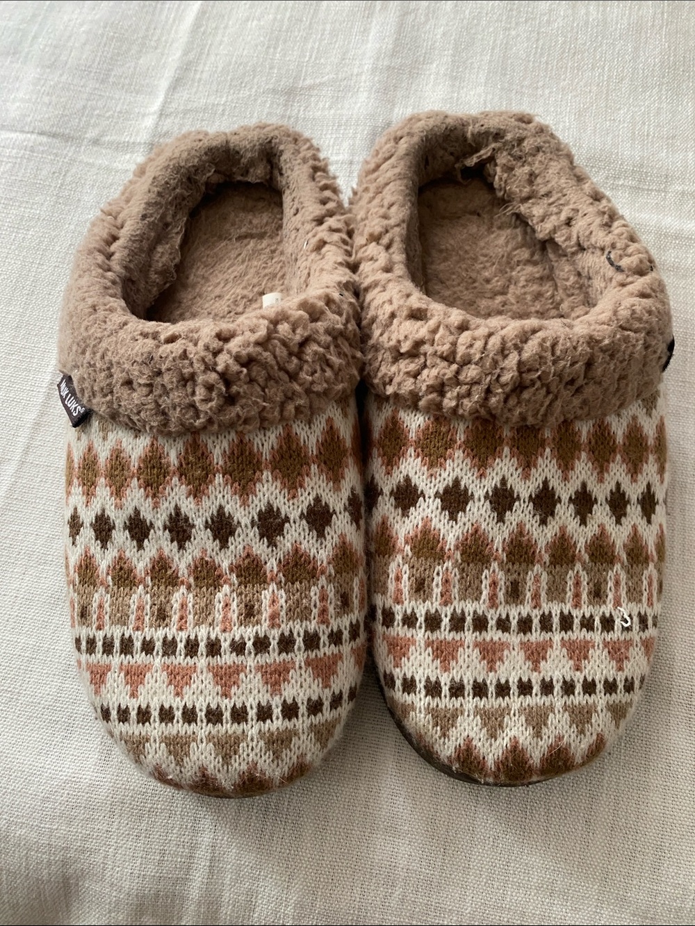 Muk Luks Tan, Brown and Cream Womens Knit Slip-On Slippers